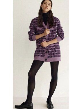 MANGO BLOGGER FAVE Purple Longline Geometric ArgyleCardigan Sweater Sz M